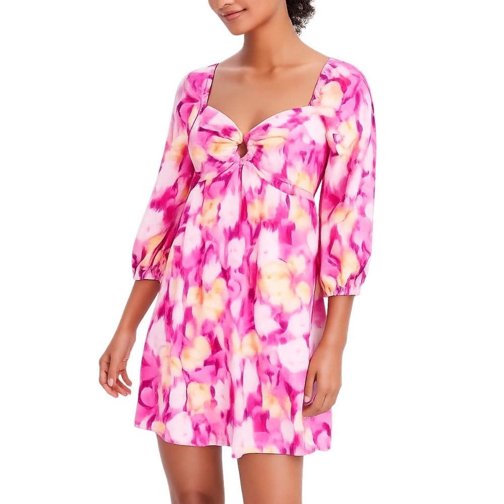 LOFT Pink Floral Puff Sleeve Mini Dress Size Small Smocked Back